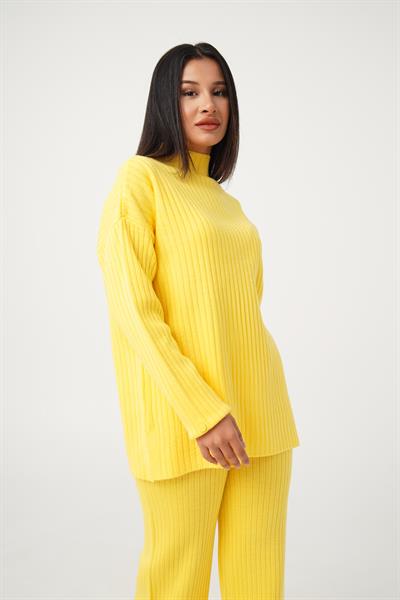 Dik Yaka Tunik Pantolon Model Sarı Triko Takım