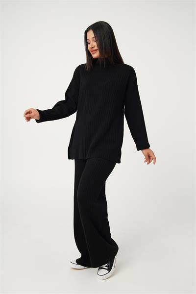 Dik Yaka Tunik Pantolon Model Siyah Triko Takım
