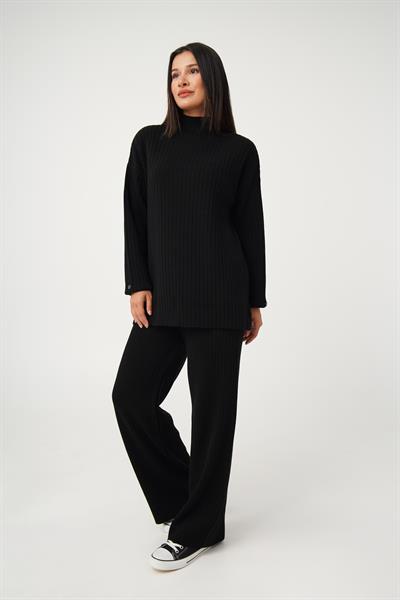 Dik Yaka Tunik Pantolon Model Siyah Triko Takım