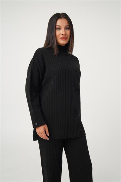 Dik Yaka Tunik Pantolon Model Siyah Triko Takım
