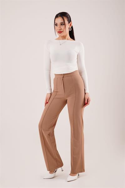 Dikiş Detay Yüksek Bel Camel Pantolon