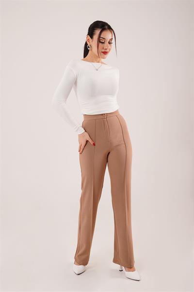 Dikiş Detay Yüksek Bel Camel Pantolon
