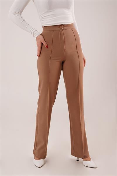 Dikiş Detay Yüksek Bel Camel Pantolon