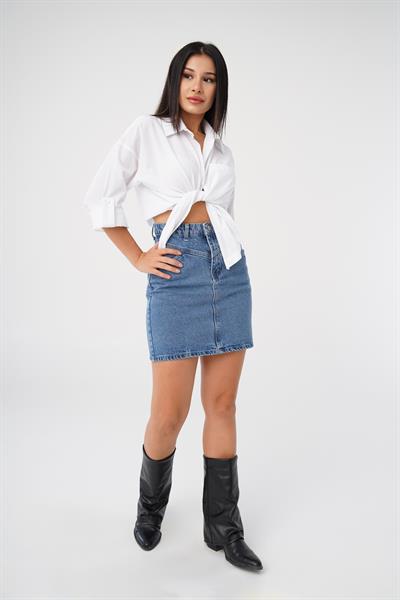 Dikişli Kot Mavi Denim Mini Etek