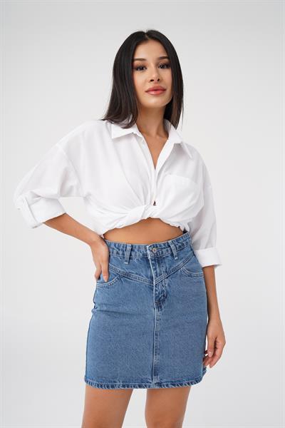 Dikişli Kot Mavi Denim Mini Etek