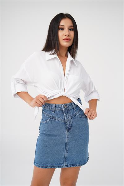 Dikişli Kot Mavi Denim Mini Etek