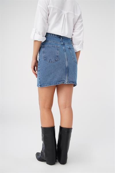 Dikişli Kot Mavi Denim Mini Etek