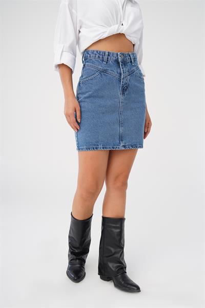Dikişli Kot Mavi Denim Mini Etek