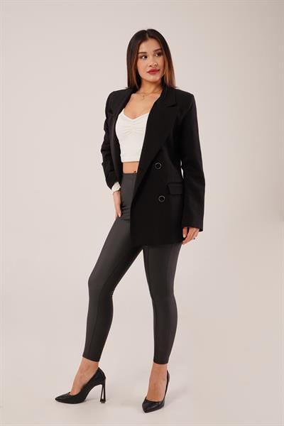 Dikişli Mat Deri Siyah Tayt