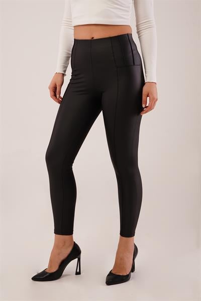 Dikişli Mat Deri Siyah Tayt