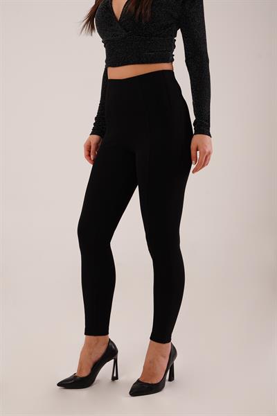 Dikişli Yüksek Bel Örme Siyah Tayt