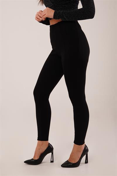 Dikişli Yüksek Bel Örme Siyah Tayt