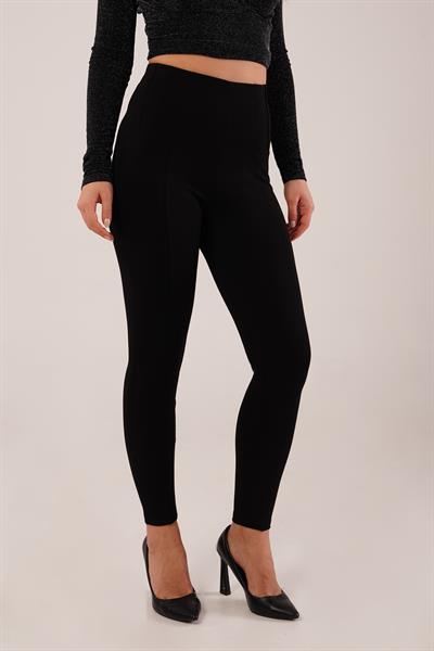 Dikişli Yüksek Bel Örme Siyah Tayt