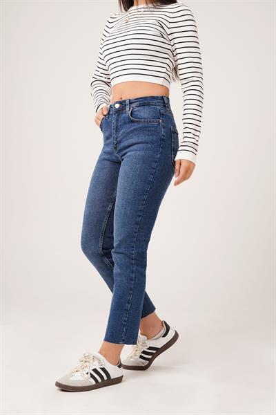 Dikişsiz Paça Koyu Mavi Mom Jean
