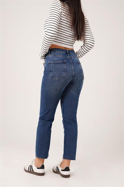 Dikişsiz Paça Koyu Mavi Mom Jean