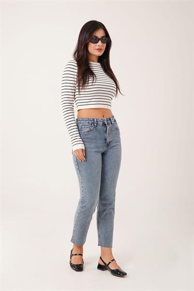 Dikişsiz Paça Orta Mavi Mom Jean