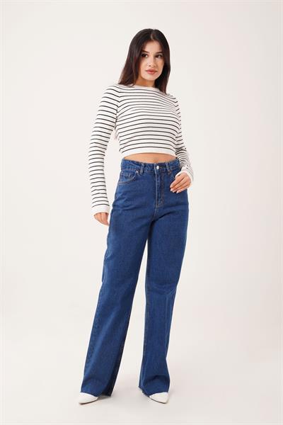 Dikişsiz Paçalı Yüksek Bel Koyu Mavi Jean Pantolon