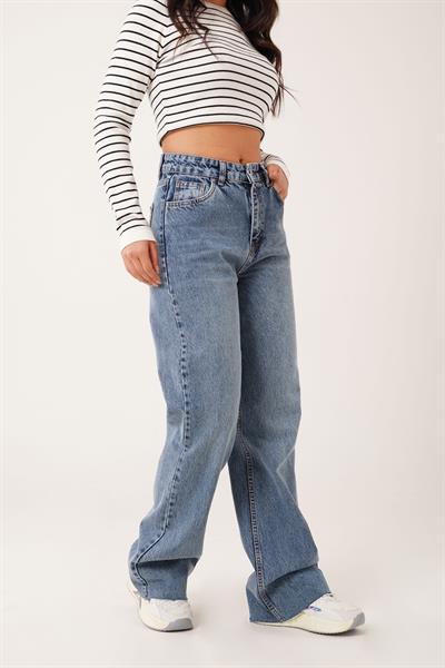 Dikişsiz Paçalı Yüksek Bel Orta Mavi Jean Pantolon