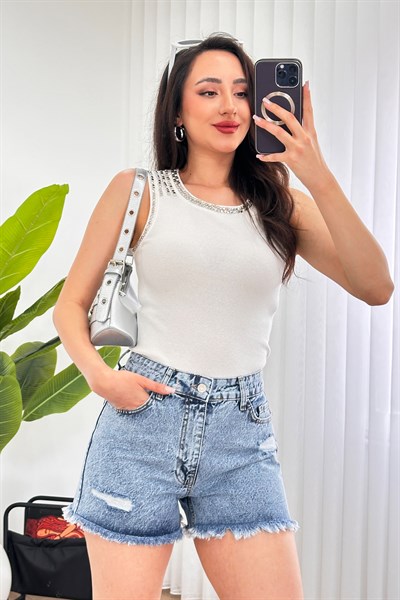 Distressed Denim Yüksek Bel Kot Jean Şort
