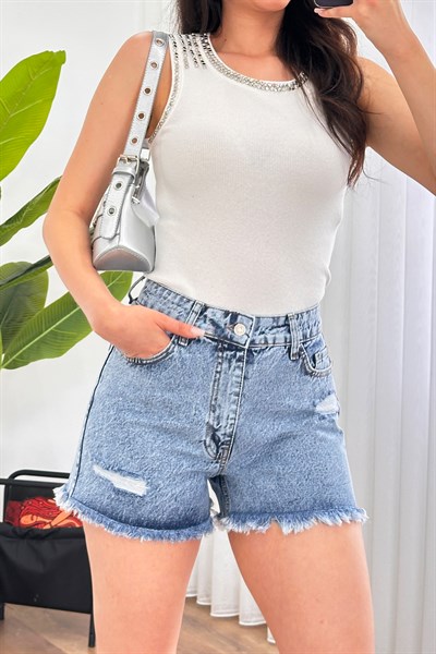 Distressed Denim Yüksek Bel Kot Jean Şort