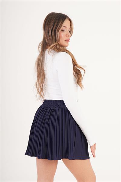 Bel Lastikli Küçük Piliseli Astarı Şortlu Lacivert Mini Etek