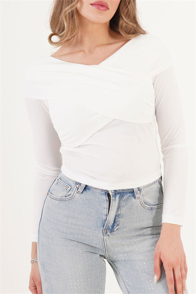 Drapeli Çapraz Model Sandy Beyaz Bluz