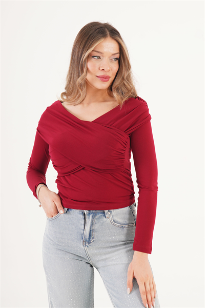 Drapeli Çapraz Model Sandy Bordo Bluz