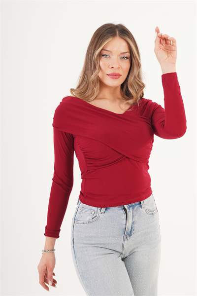 Drapeli Çapraz Model Sandy Bordo Bluz