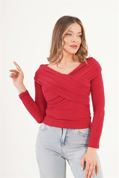 Drapeli Çapraz Model Sandy Kırmızı Bluz