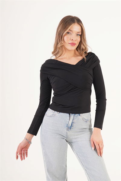 Drapeli Çapraz Model Sandy Siyah Bluz