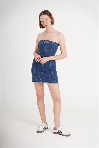 Düğme Detaylı Denim Kot Mavi Elbise