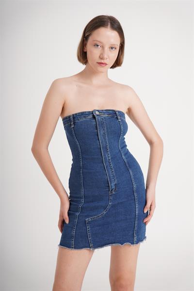 Düğme Detaylı Denim Kot Mavi Elbise