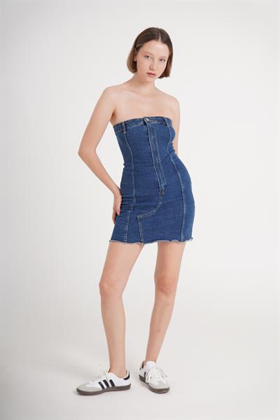 Düğme Detaylı Denim Kot Mavi Elbise