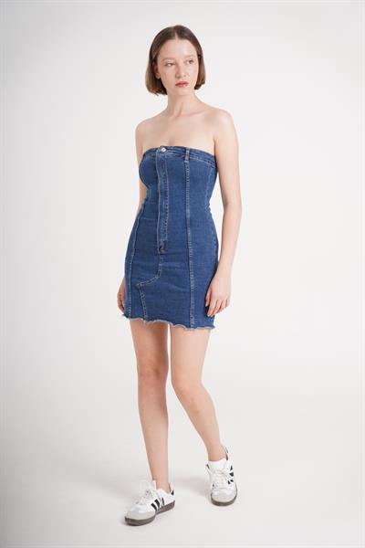 Düğme Detaylı Denim Kot Mavi Elbise