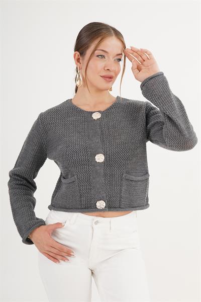 Düğmeli Ajurlu Model Cepli Antrasit Triko Hırka