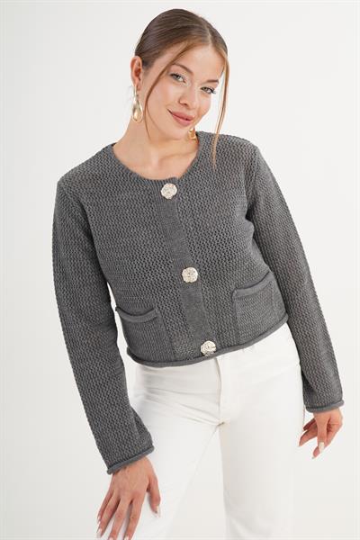 Düğmeli Ajurlu Model Cepli Antrasit Triko Hırka