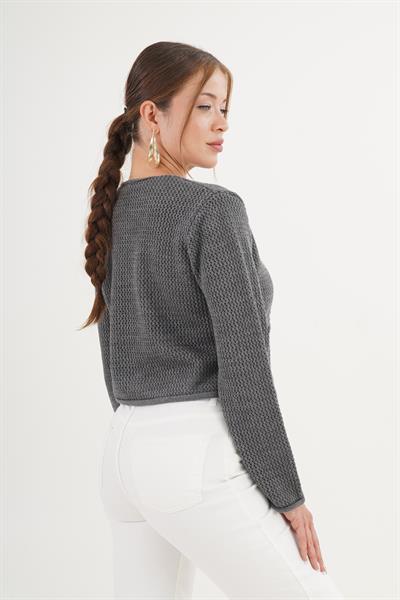 Düğmeli Ajurlu Model Cepli Antrasit Triko Hırka