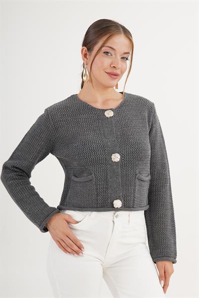 Düğmeli Ajurlu Model Cepli Antrasit Triko Hırka