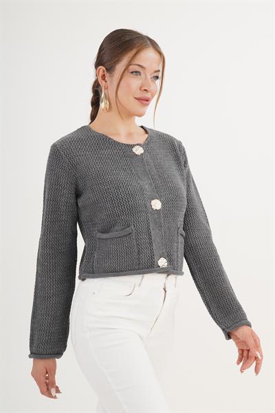 Düğmeli Ajurlu Model Cepli Antrasit Triko Hırka