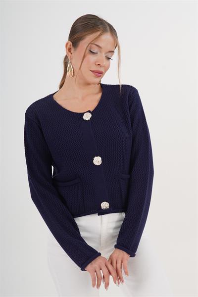 Düğmeli Ajurlu Model Cepli Lacivert Triko Hırka