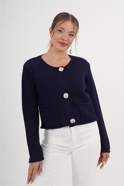 Düğmeli Ajurlu Model Cepli Lacivert Triko Hırka