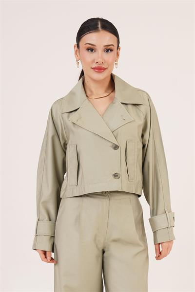 Düğmeli Astarlı Cepli Crop Trençkot Çağla Yeşili