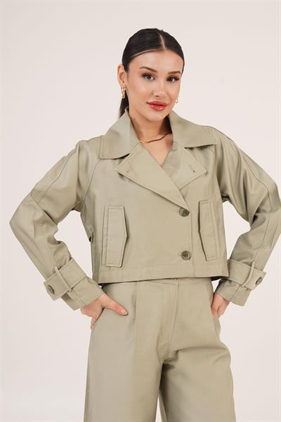 Düğmeli Astarlı Cepli Crop Trençkot Çağla Yeşili