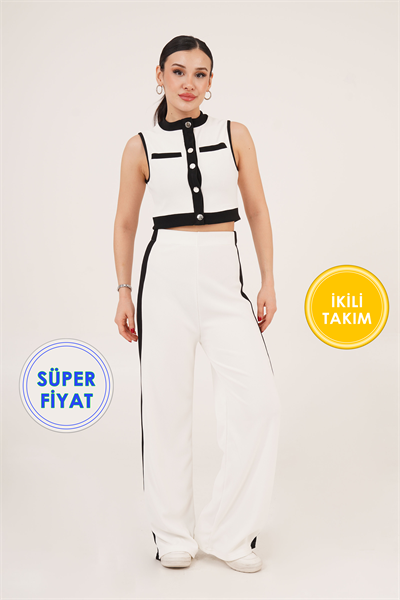 Düğmeli Bluz ve Geniş Paça Şeritli Beyaz İkili Takım