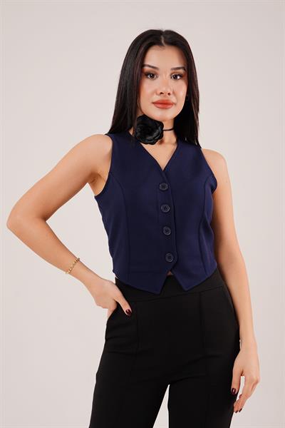 Düğmeli V Yaka Örme Lacivert Yelek