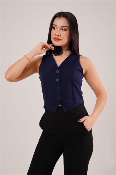 Düğmeli V Yaka Örme Lacivert Yelek