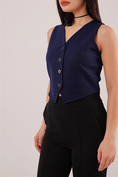 Düğmeli V Yaka Örme Lacivert Yelek