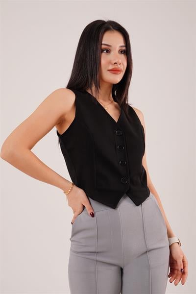 Düğmeli V Yaka Örme Siyah Yelek