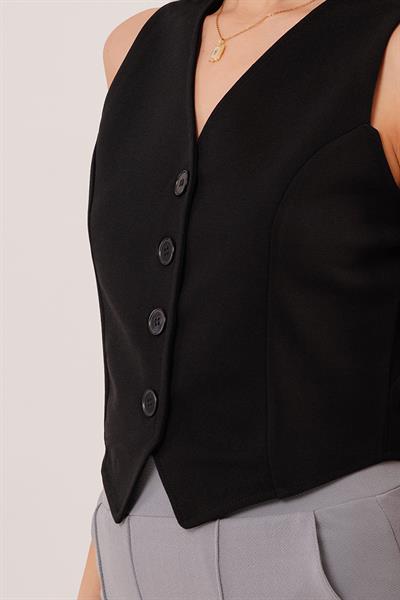 Düğmeli V Yaka Örme Siyah Yelek