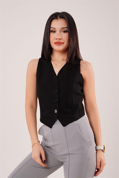 Düğmeli V Yaka Örme Siyah Yelek